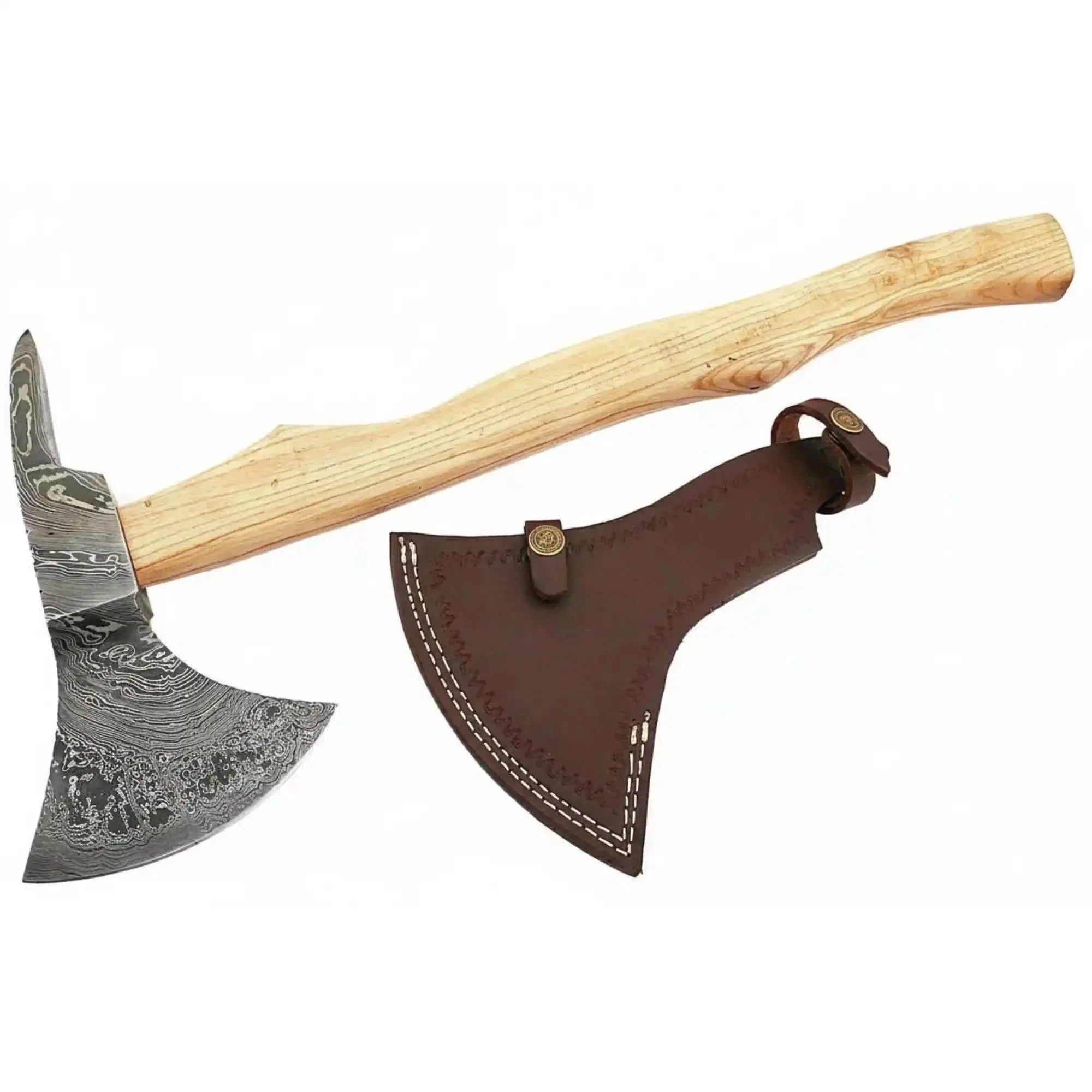 Handmade Damascus Steel Bearded Spike Axe – Hand Forged Viking Bearded Axe with Ash Wood Handle and Leather Sheath | JW SteelCrafts