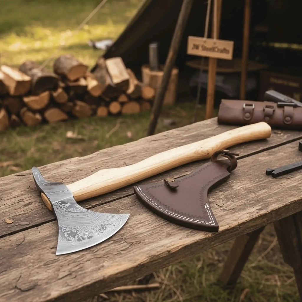 Handmade Damascus Steel Bearded Spike Axe – Hand Forged Viking Bearded Axe with Ash Wood Handle and Leather Sheath | JW SteelCrafts