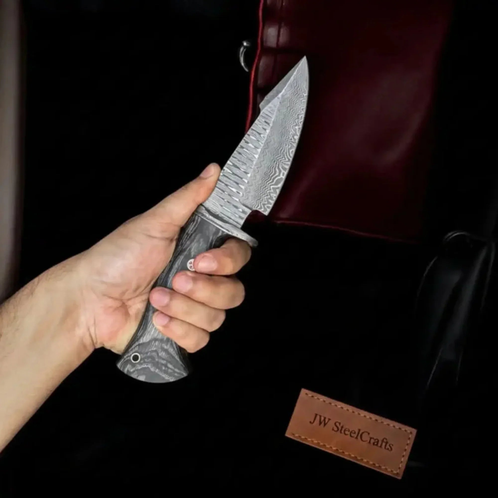 Handmade Bobcat Hunting Knife 8” Damascus Steel Fixed Blade Gray Pakka Wood Handle