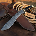Handmade Damascus Steel Bowie Knife Wood Handle Brass Guard Full Tang Leather Sheath