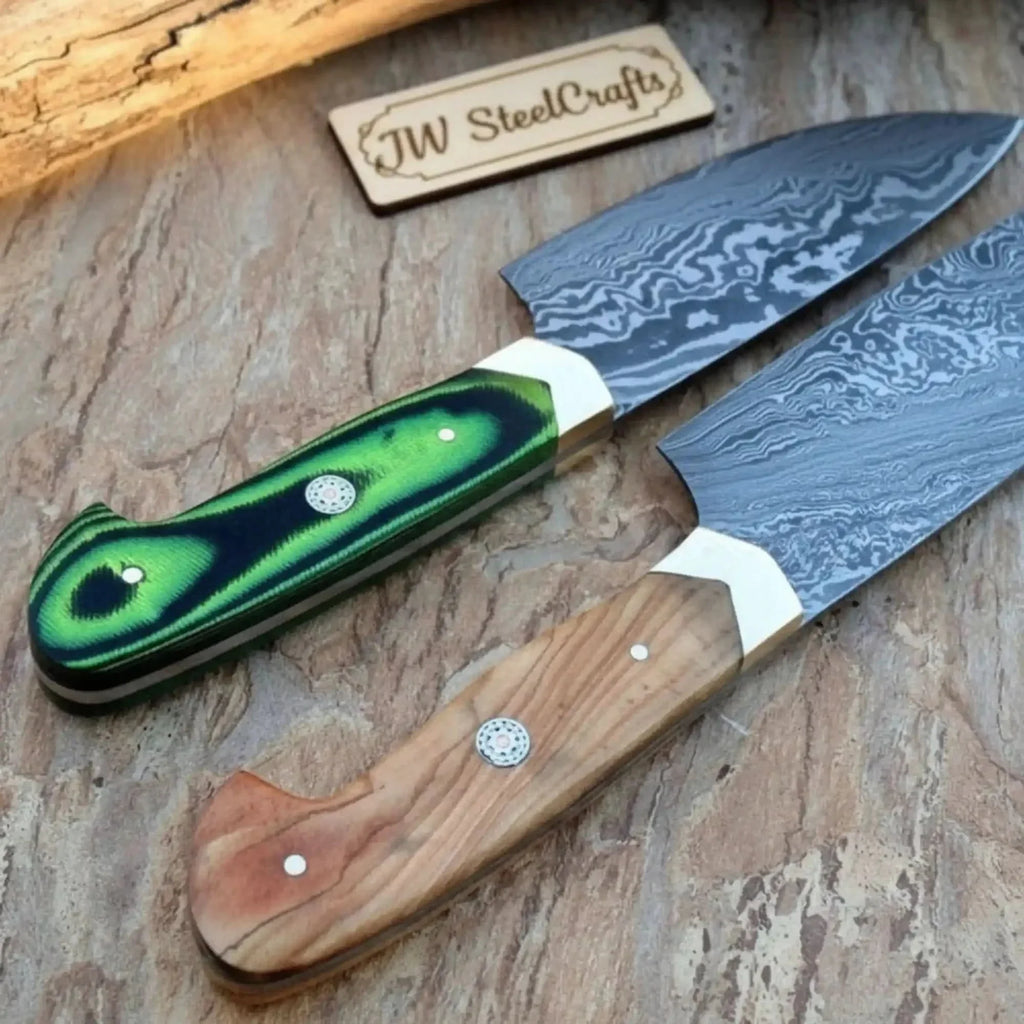Handmade Damascus Steel Chef Knife Set - 2-Piece with Wooden & Green Resin Handles
