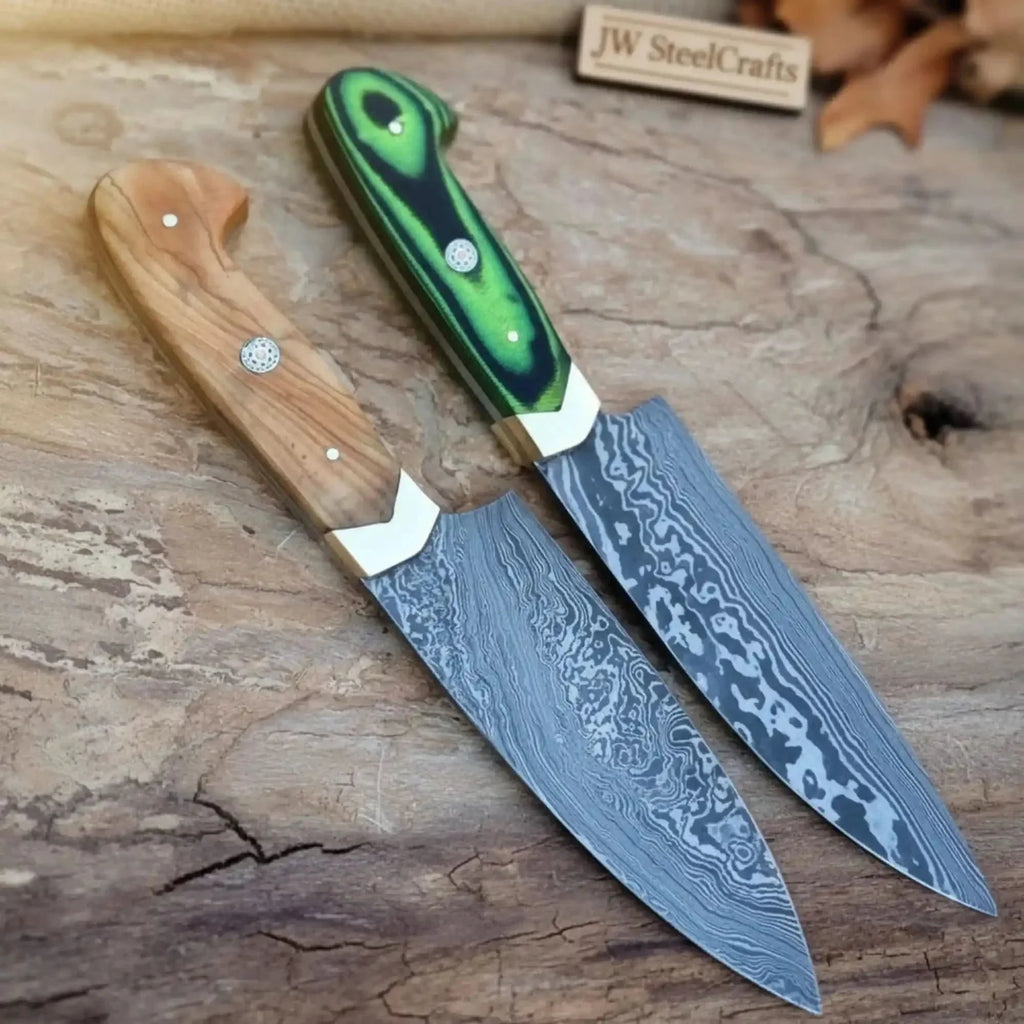 Handmade Damascus Steel Chef Knife Set - 2-Piece with Wooden & Green Resin Handles