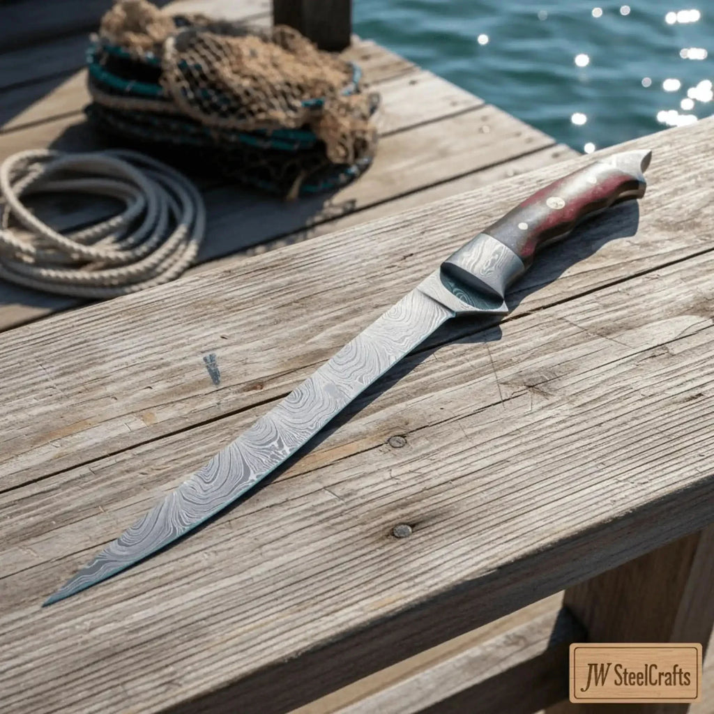 Handmade 13 Inch Overall Damascus Steel Fillet Knife –  Full Tang Fishing Knife with Hardwood Handle and Leather Sheath.