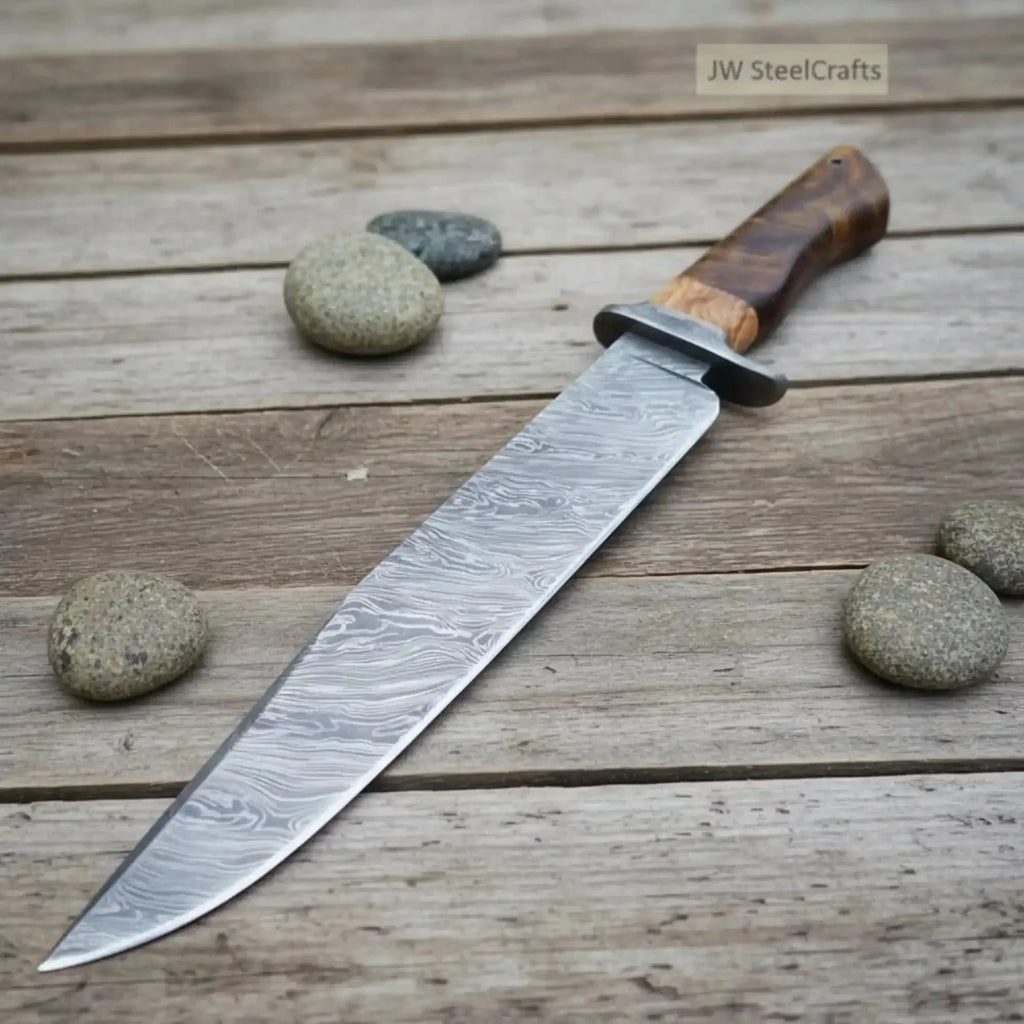 Handmade Damascus Steel Fighter Knife - Combat Blade with Wooden Handle & Leather Sheath