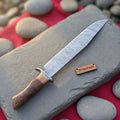 Handmade Damascus Steel Fighter Knife - Combat Blade with Wooden Handle & Leather Sheath