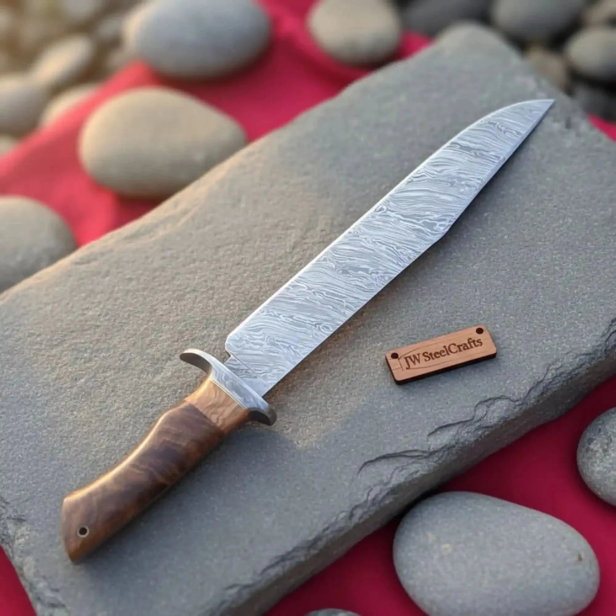 Handmade Damascus Steel Fighter Knife - Combat Blade with Wooden Handle & Leather Sheath