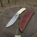 Handmade Damascus Skinner Knife 4” Blade Fixed Blade Bone Handle Leather Sheath