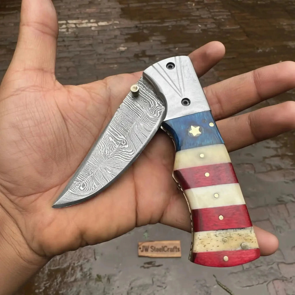 Paul Revere EDC Knife 3.5” blade – Damascus Folding Pocket Knife with Patriotic USA Flag Handle