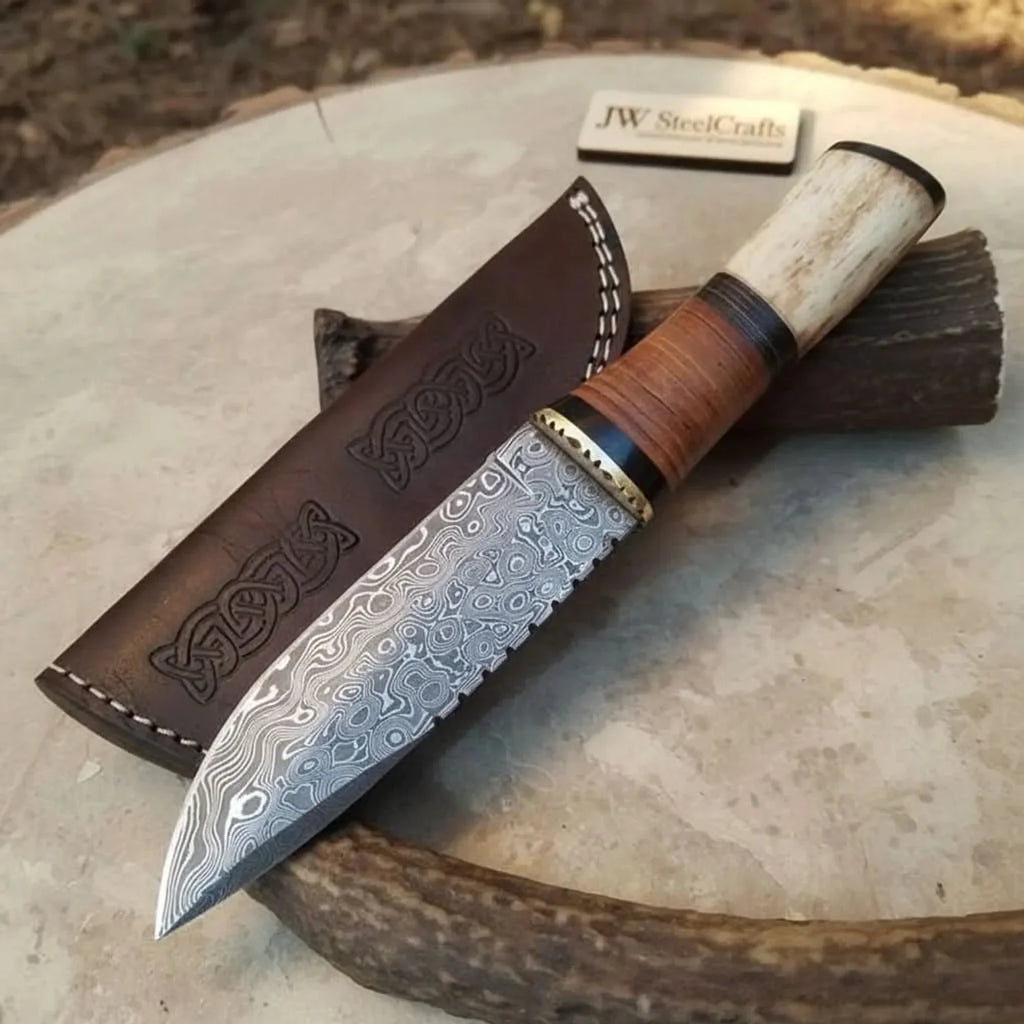 Handmade Damascus Steel Hunting Knife with Leather Sheath & Bone Handle