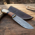 Handmade Damascus Steel Hunting Knife with Leather Sheath & Bone Handle