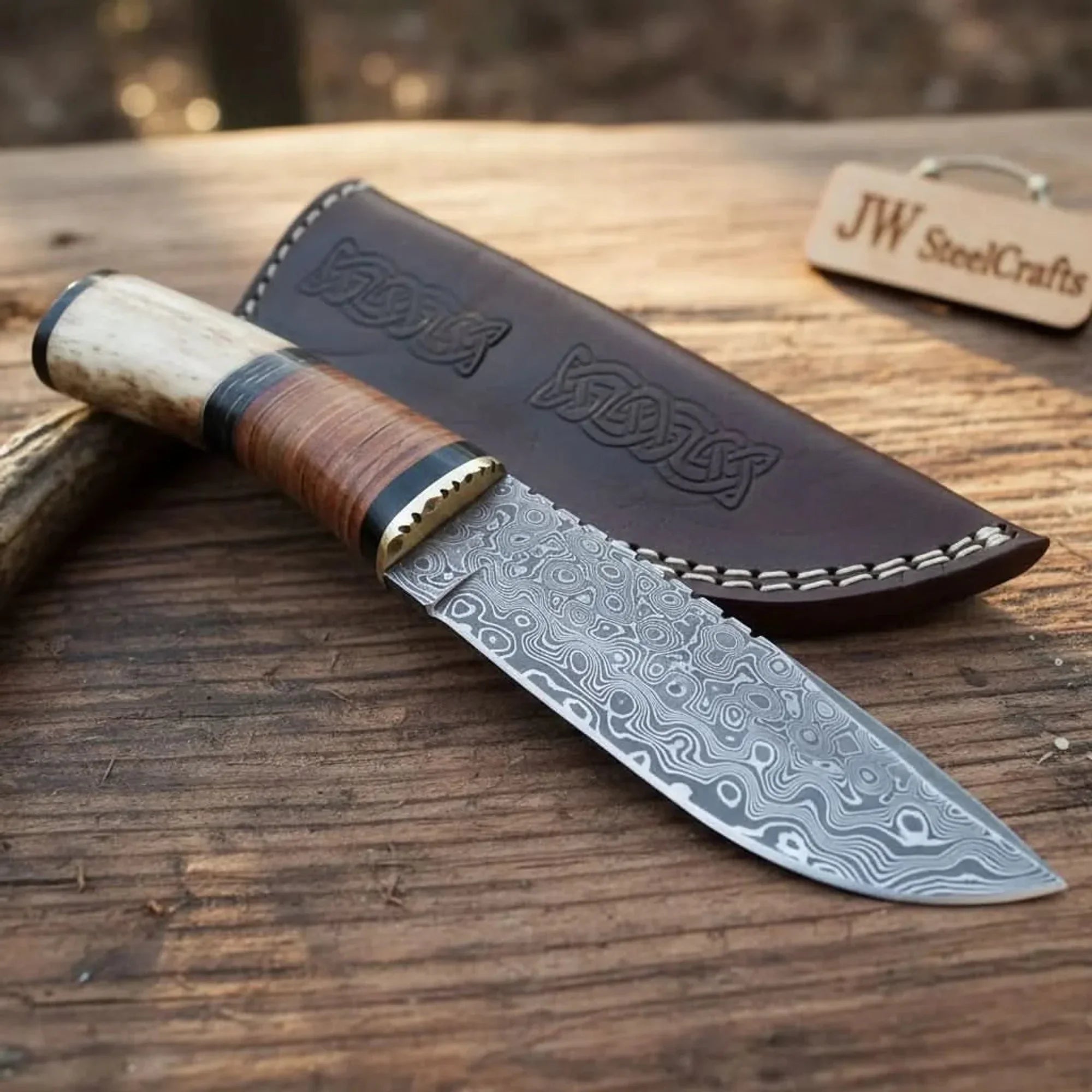 Handmade Damascus Steel Hunting Knife with Leather Sheath & Bone Handle