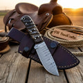 Handmade Damascus Steel Knife 7" Ram Horn Handle Fixed Blade Hunting Leather Sheath