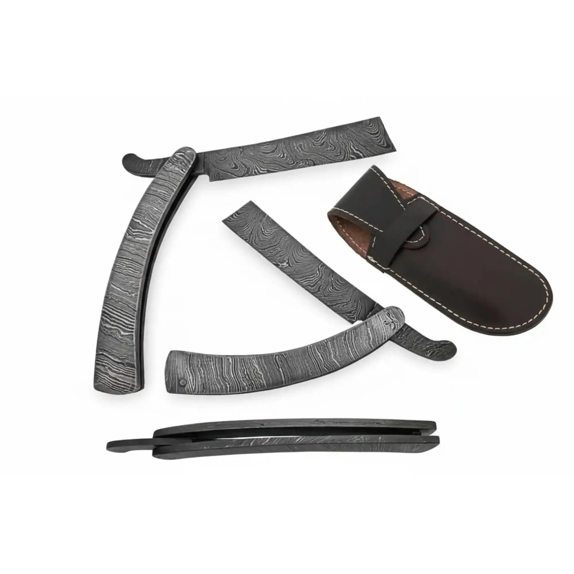 Handmade Damascus Steel Sweeney Todd Style Straight Razor Barber Folding Razor with Leather Sheath