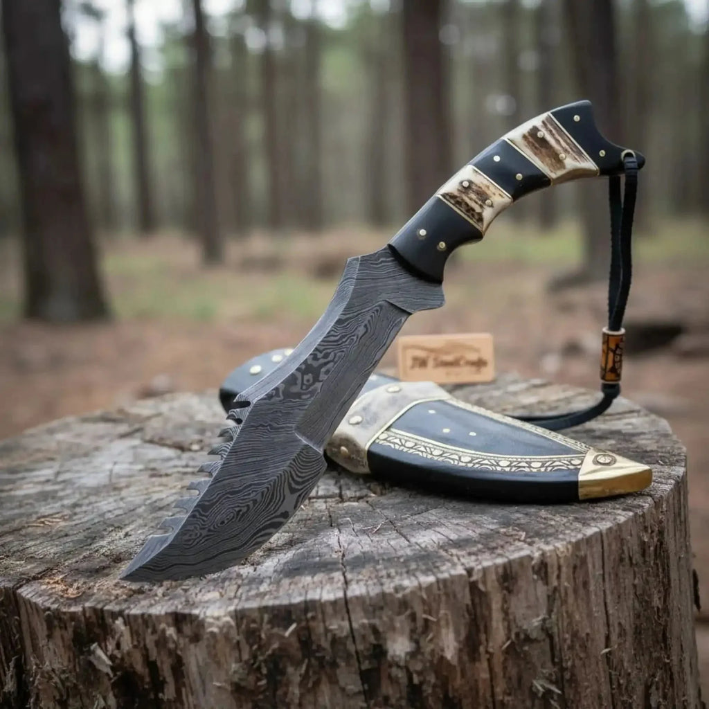 Tracker Knife Damascus Steel Multi Edge Blade With Leather Sheath