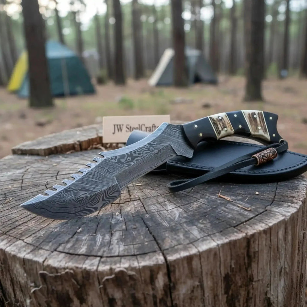 Tracker Knife Damascus Steel Multi Edge Blade With Leather Sheath
