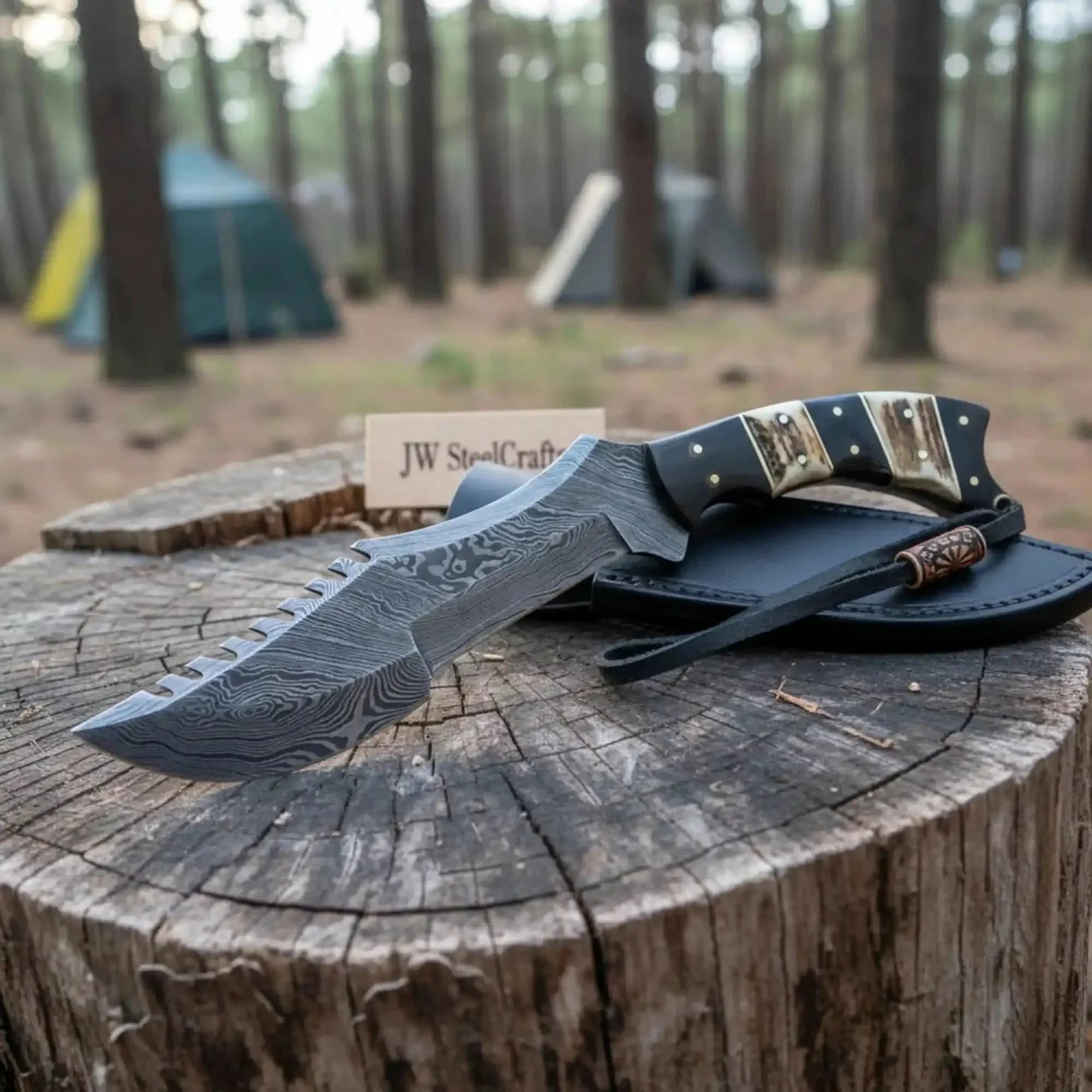 Tracker Knife Damascus Steel Multi Edge Blade With Leather Sheath
