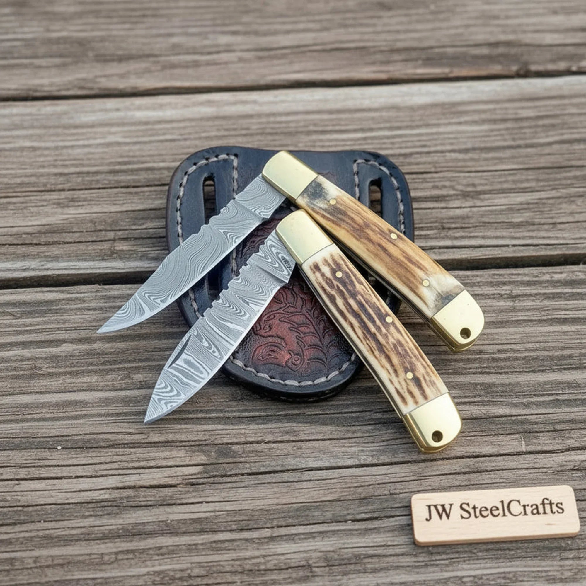 Handmade Damascus Steel Trapper Folding Knife 7" Two Blade Stag Handle Brass Bolster EDC