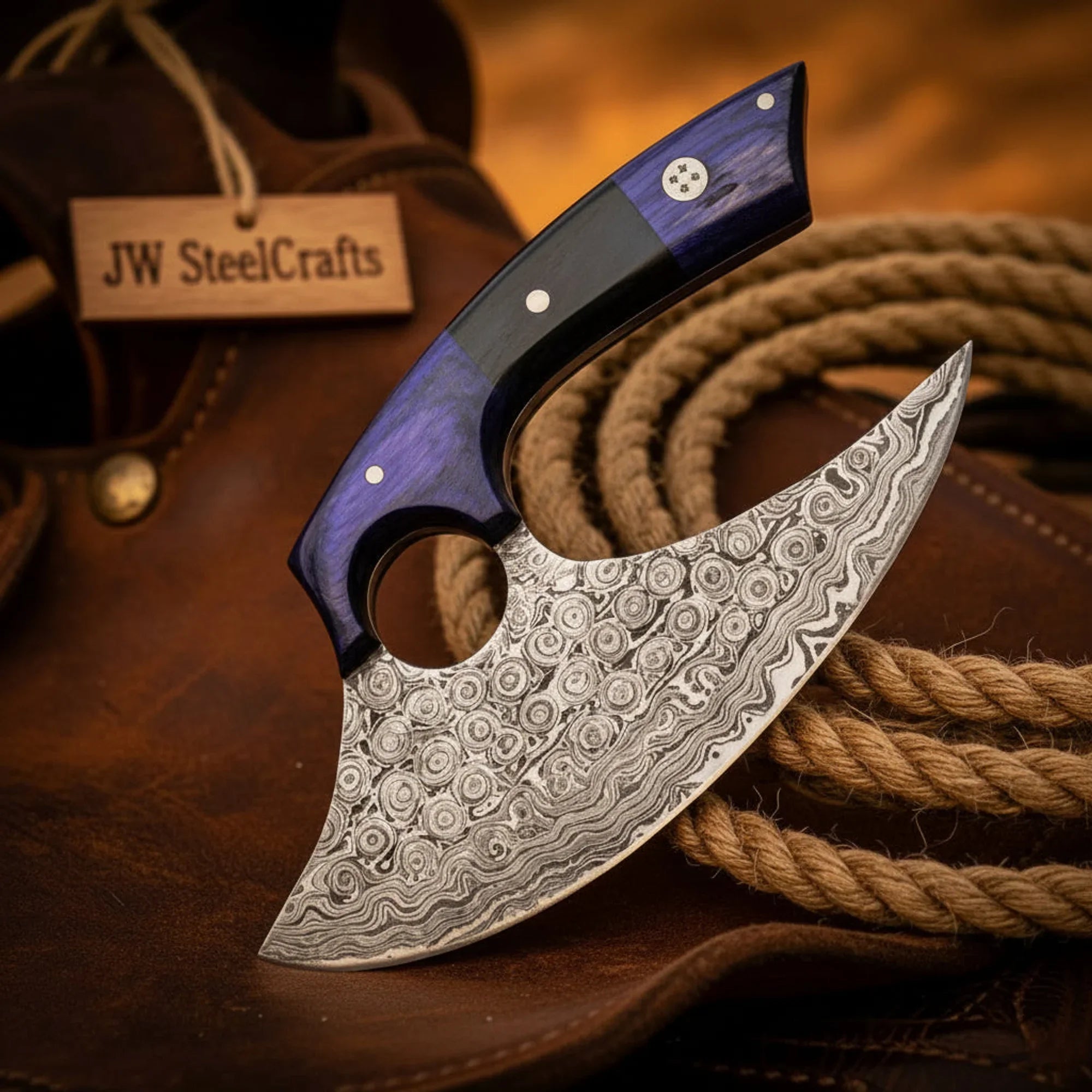 Handmade Damascus Ulu Knife 13" Wood Handle Pizza Cutter Chef Chopper Leather Sheath