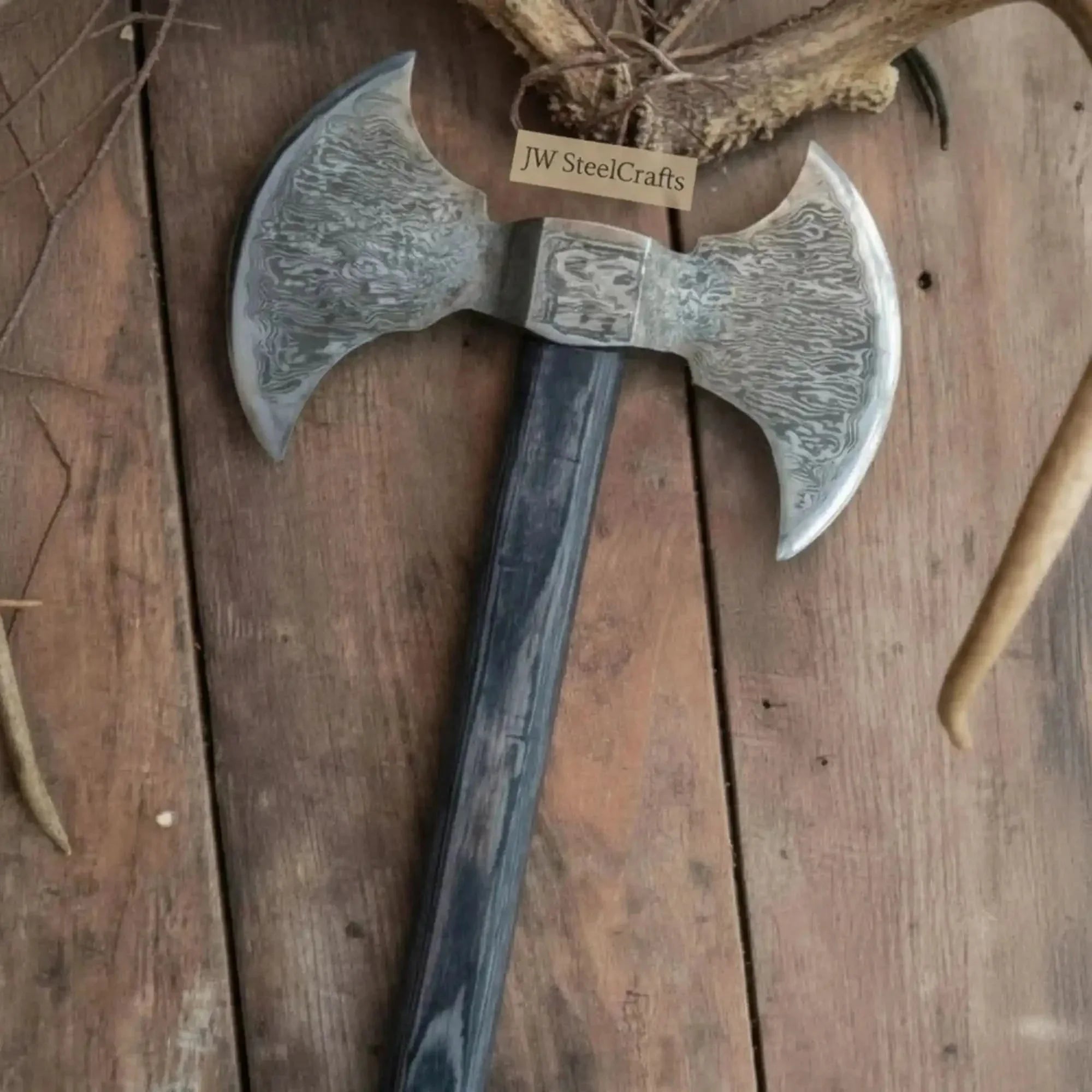 Handmade Damascus Steel Viking Double-Headed Axe with Wooden Handle
