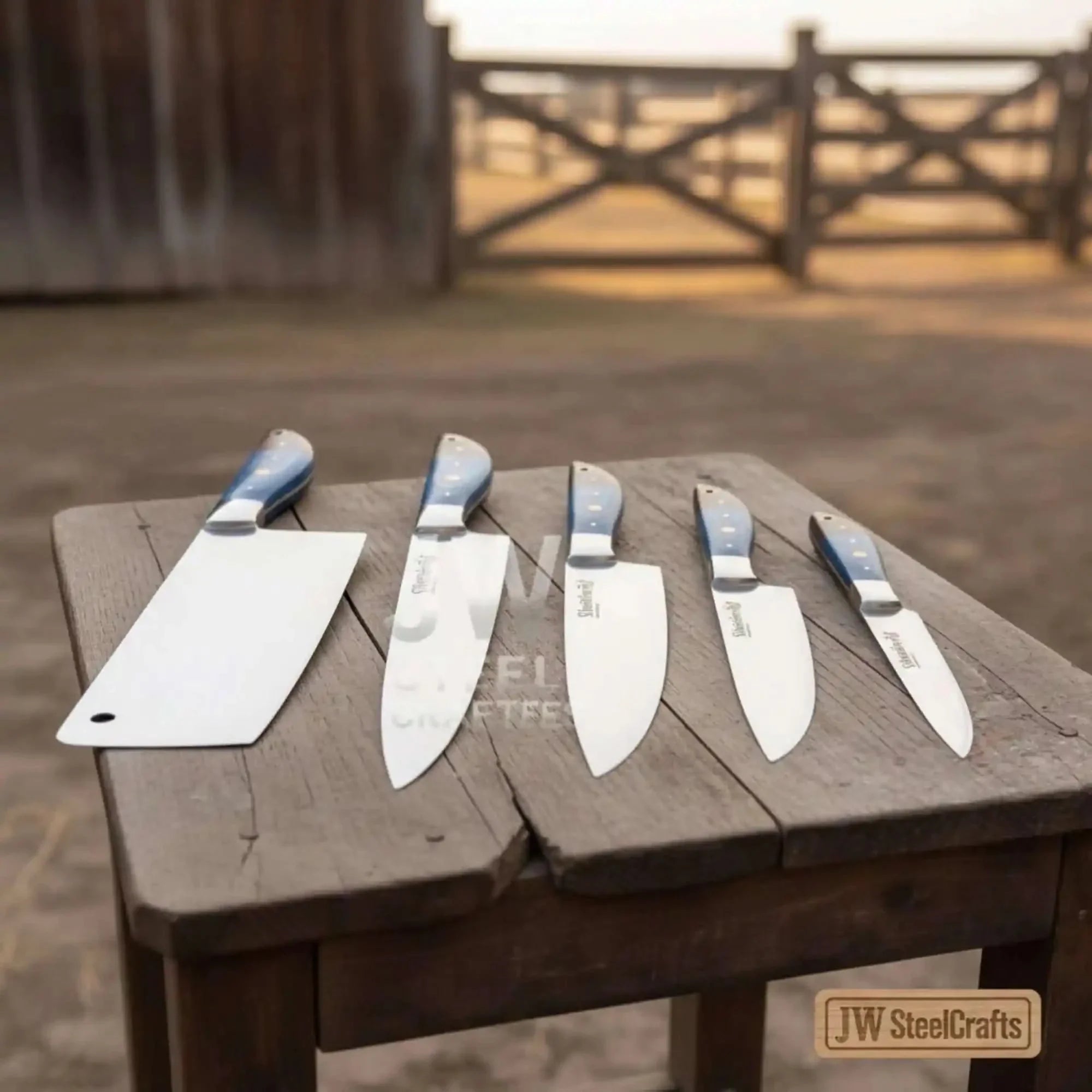 Blue Wood Damascus Chef Knife Set: 5-Piece Handmade Collection