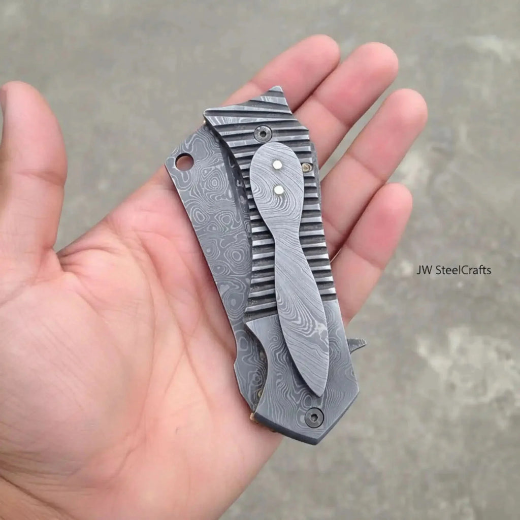 Damascus Flipper Pocket Cleaver with Fluted Metal Handle