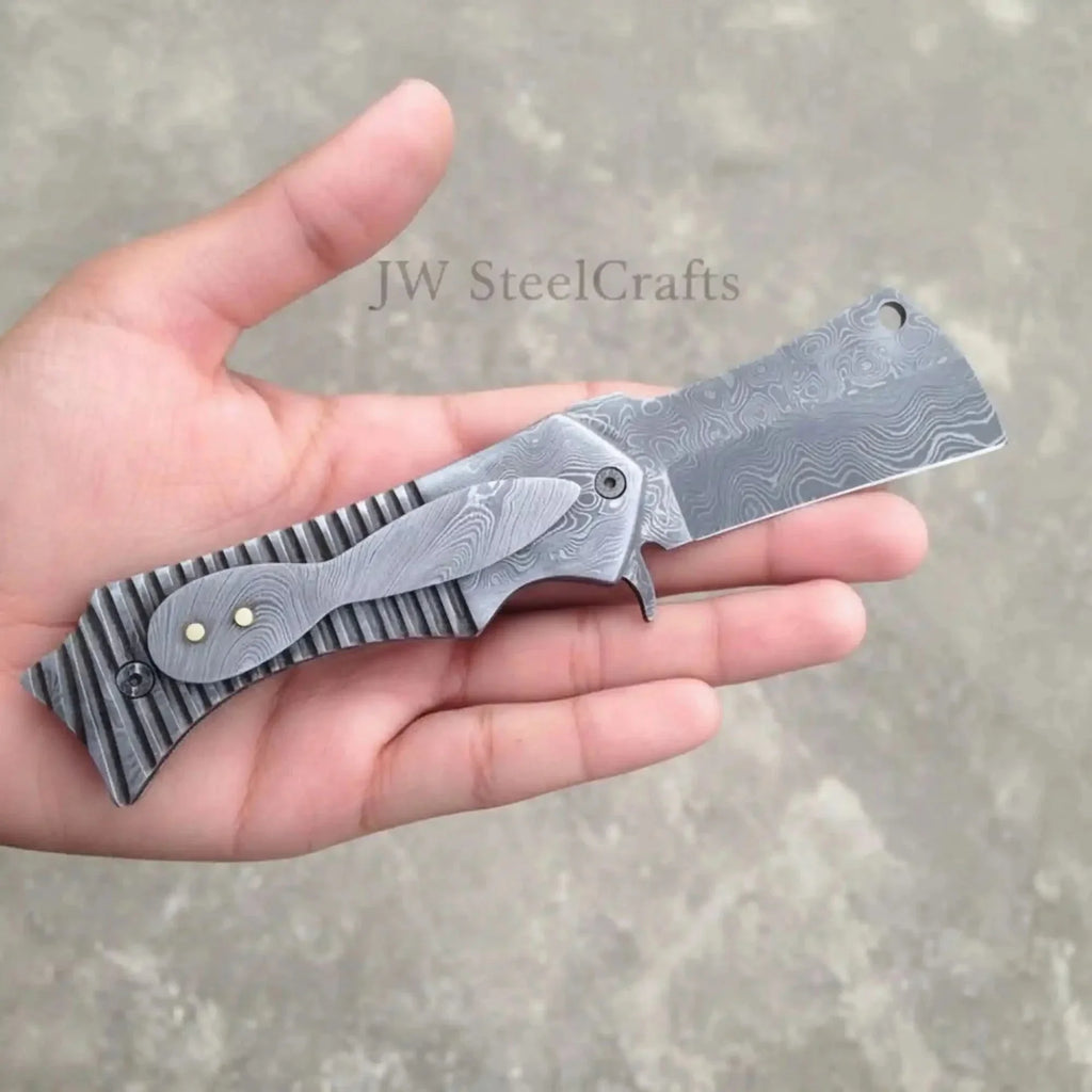 Damascus Flipper Pocket Cleaver with Fluted Metal Handle