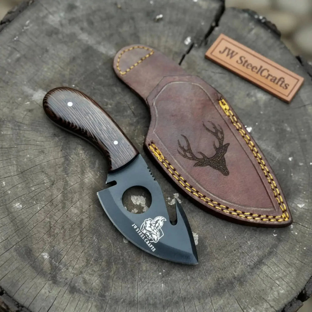 Backwoods Guthook Skinner Knife 6” – Handmade Full Tang Hunting Blade with Hardwood Handle & Leather Sheath