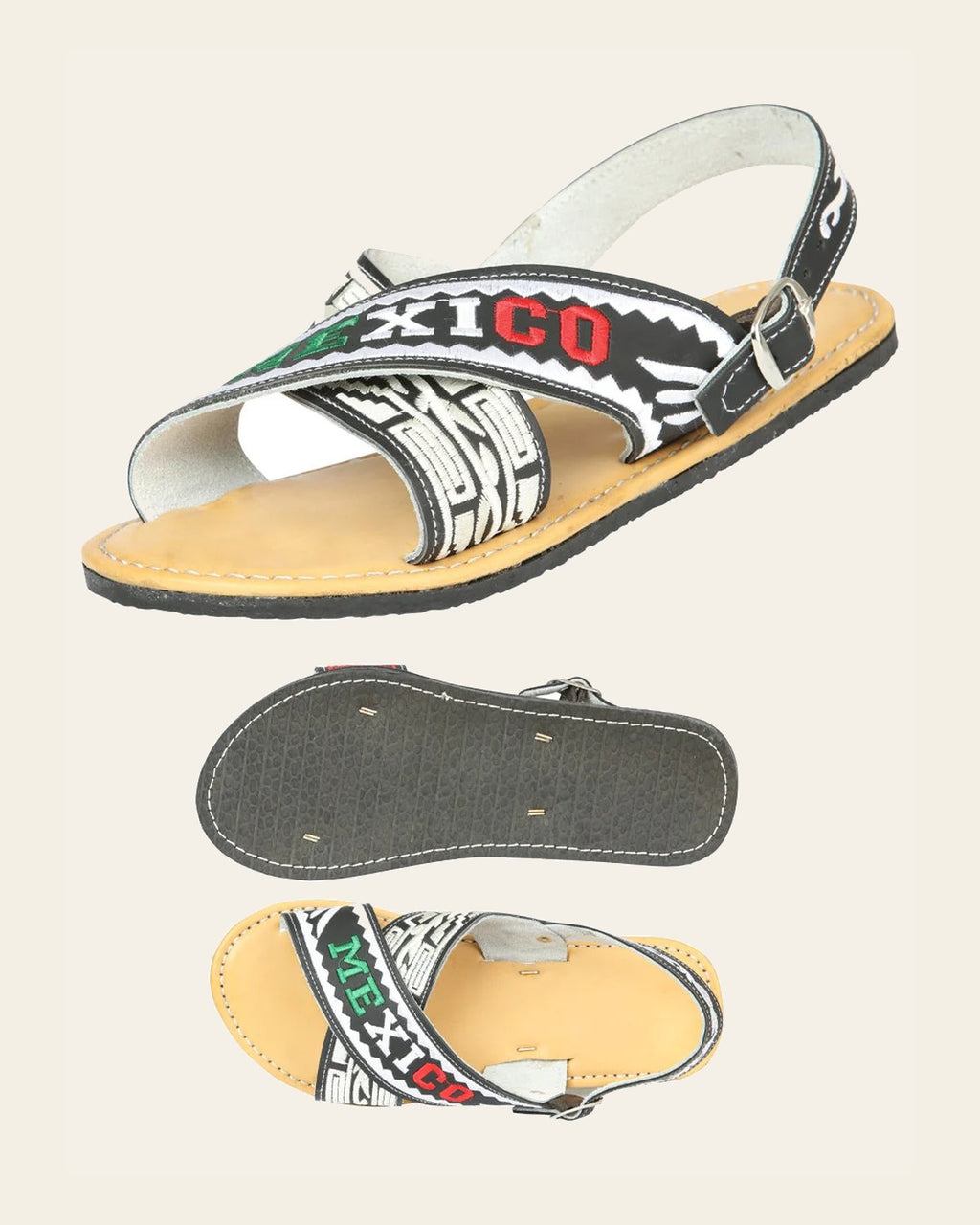 Mexican Artisanal Sandals 50% Leather, 50% Synthetic - White & Black 604033 on a warm cream background