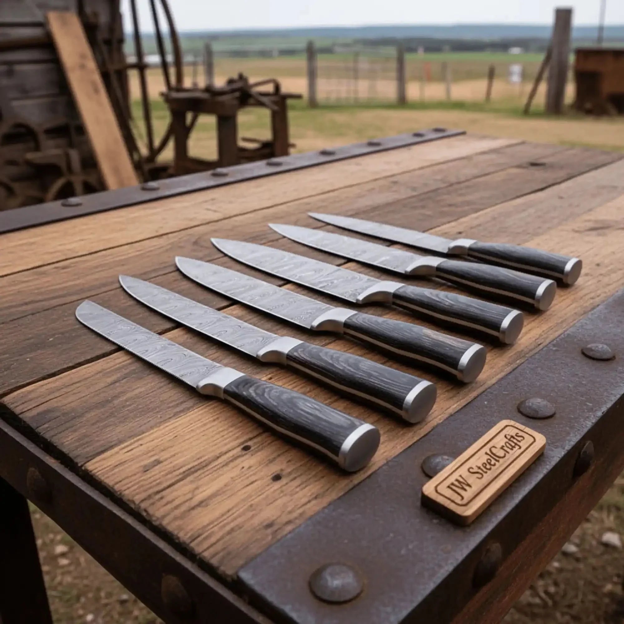 6-Piece Ladder Pattern Damascus Knife Set with Black Wood Handles and Steel Bolsters