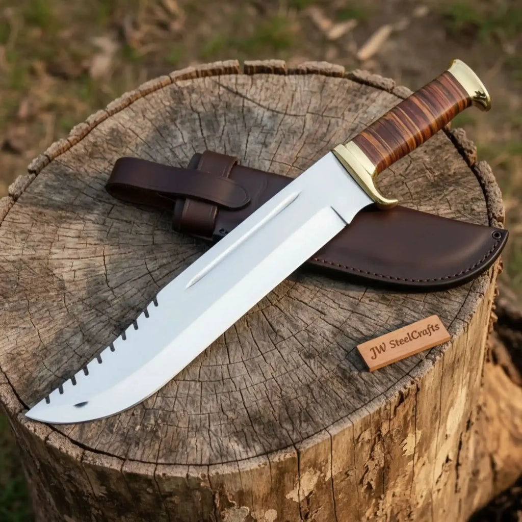 Custom Fixed Blade Bowie Knife Leather Grip Brass Clip Sheath