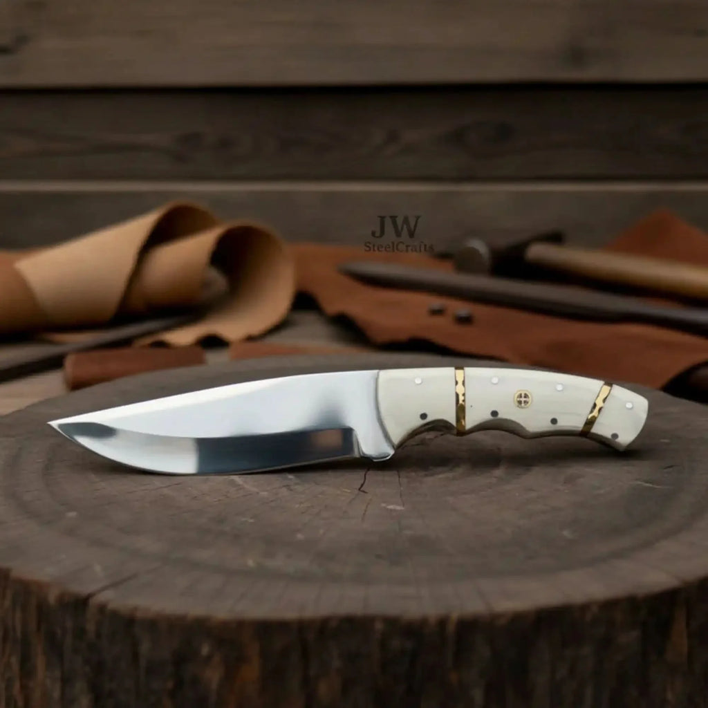 Ranch Hand Utility Knife Fixed Blade white resin Handle Full Tang Brass Spacer Western Knife