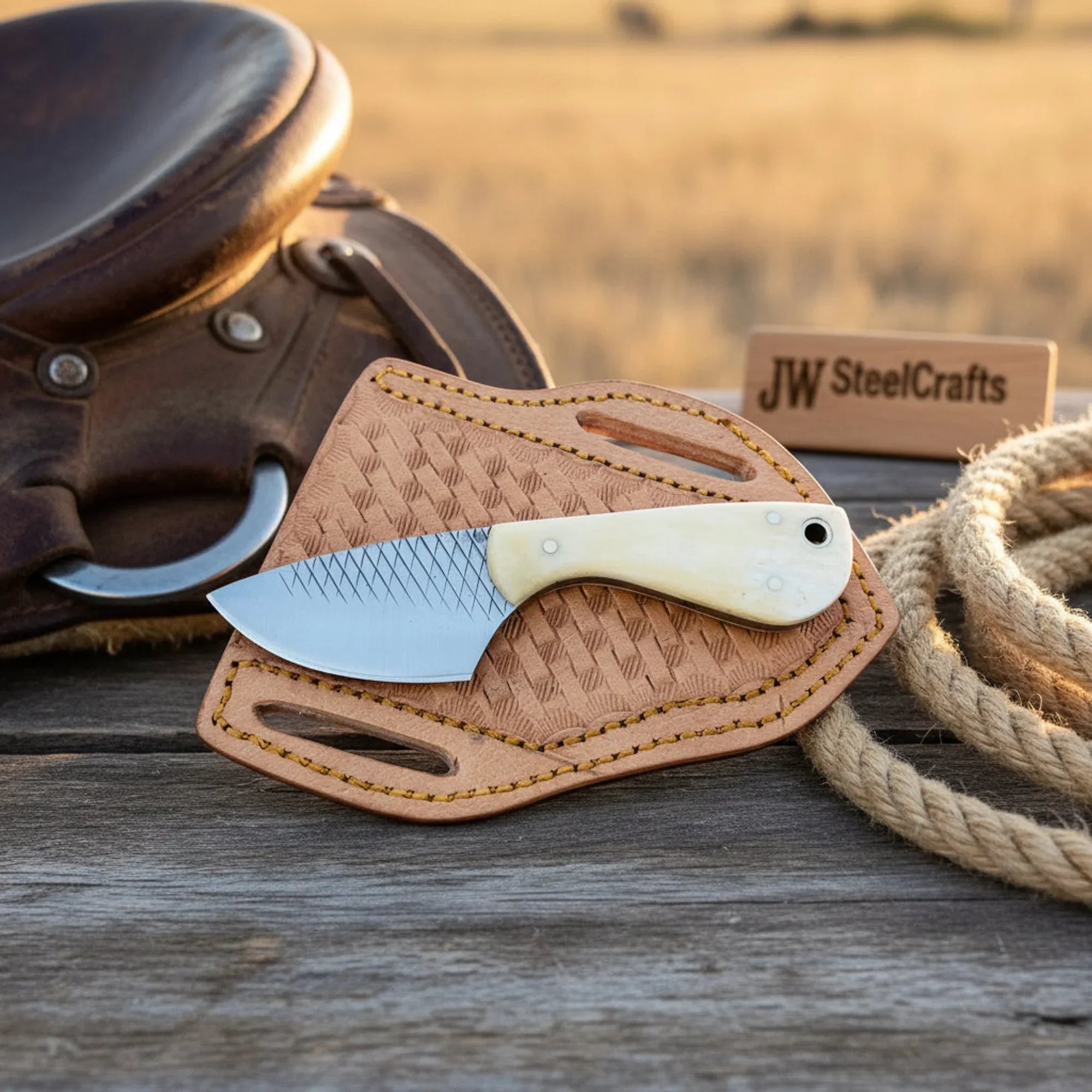 Handmade Rasp Steel Cowboy Knife White Bone Handle Western Pancake Leather Sheath 5"