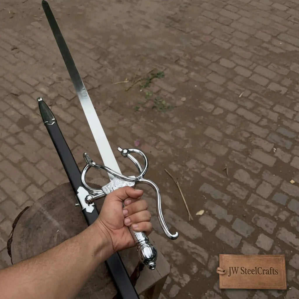 Handmade Renaissance Rapier Sword Replica in Polished Steel for Collection and Display
