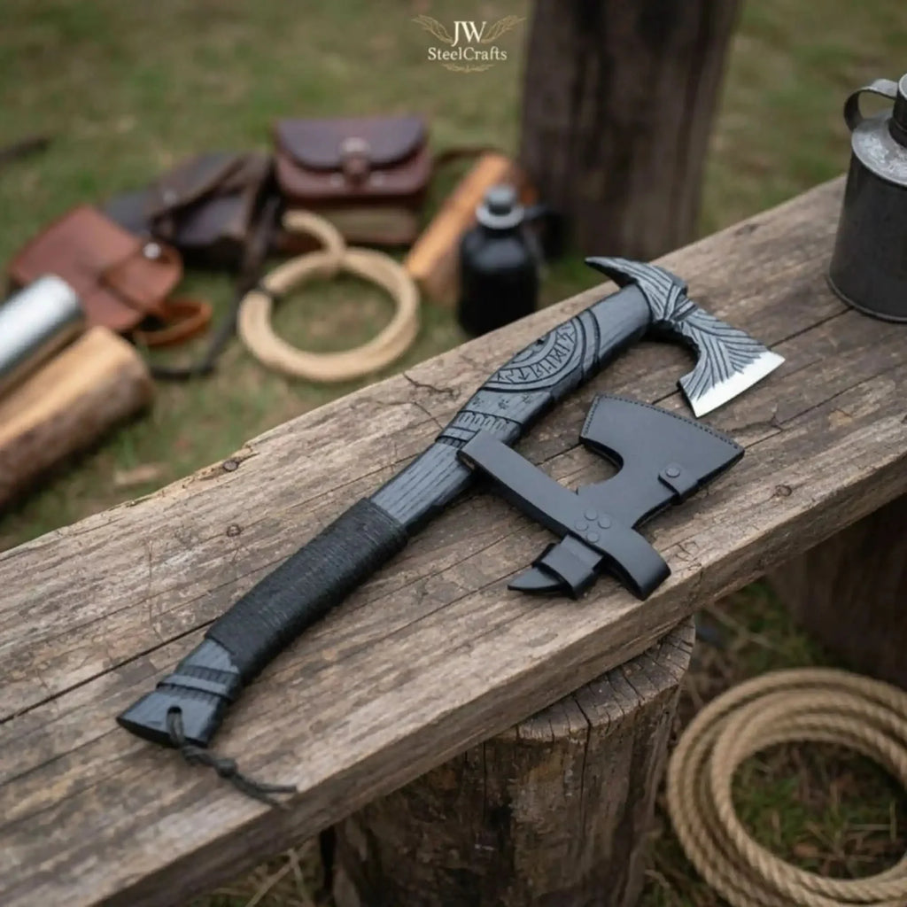 Hand Forged Viking Battle Axe with Carved Black Hardwood Handle