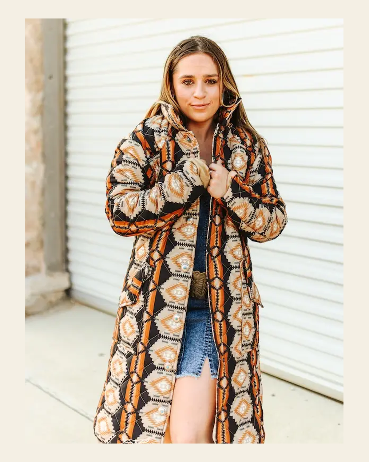Hattie Aztec Long | Jacket on a warm cream background
