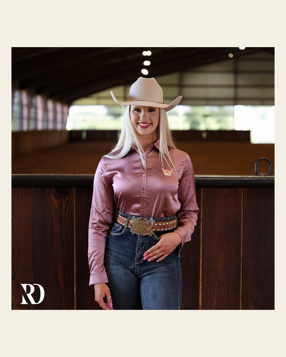 He Owns The Cattle Mauve Satin Performance Rodeo Shirt on a warm cream background