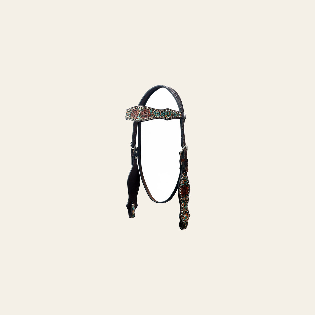 BAR H EQUINE Western Horse Floral Hand Painted Genuine Leather Rivet Headstall Dark Brown