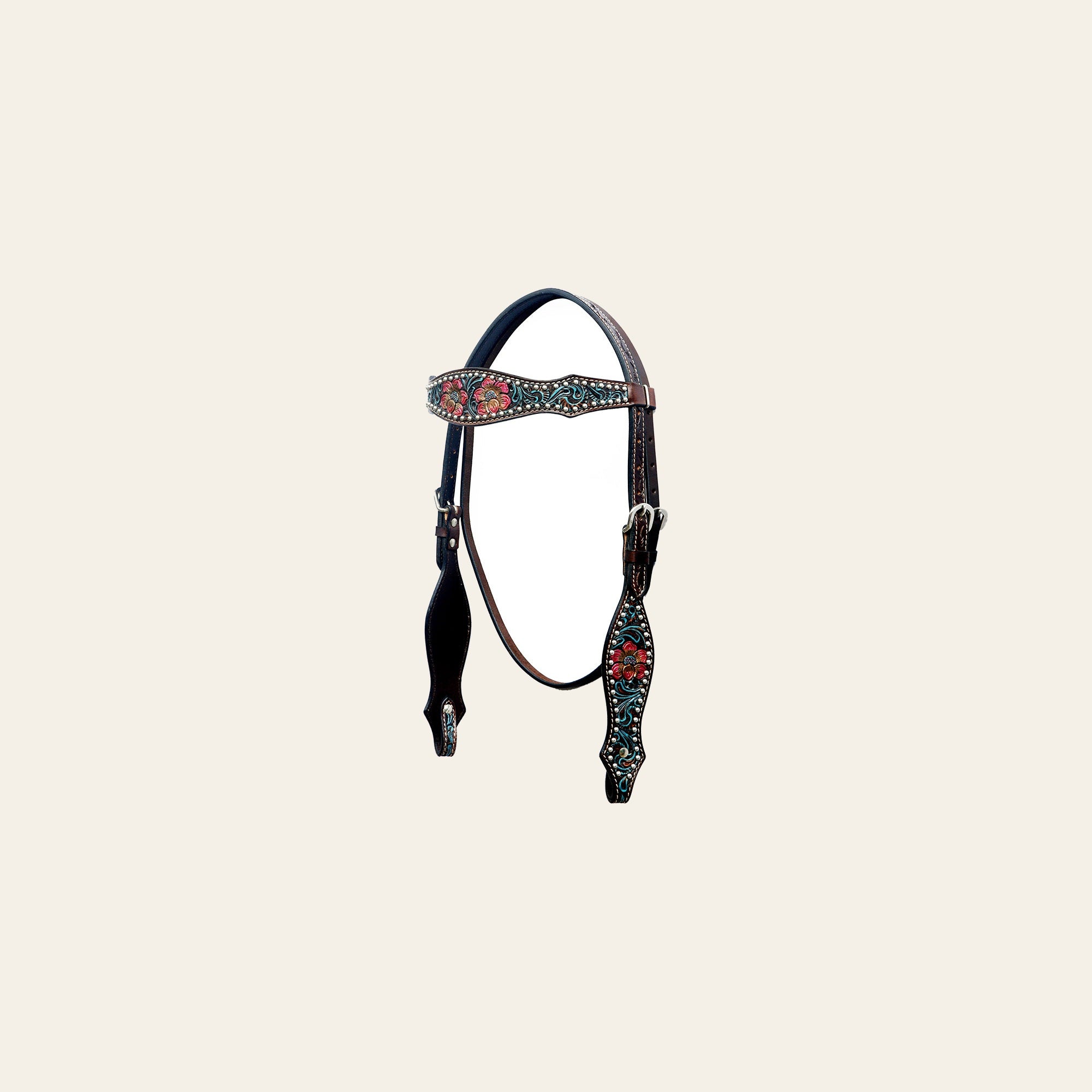 BAR H EQUINE Western Horse Floral Hand Painted Genuine Leather Rivet Headstall Dark Brown