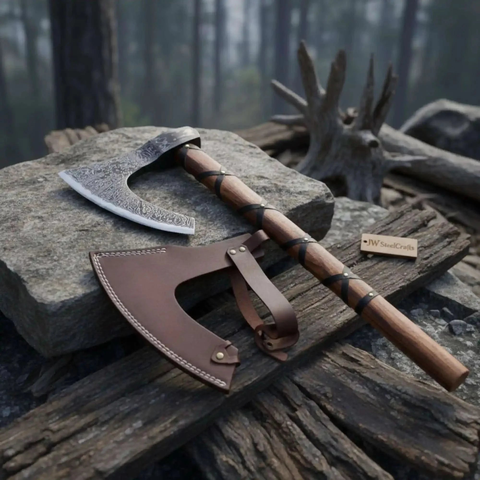 Handmade Damascus Skeggøx Bearded Axe with Leather Wrap and Sheath