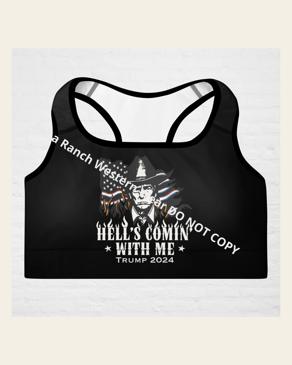 Hells Comin With Me Padded Sports Bra on a warm cream background