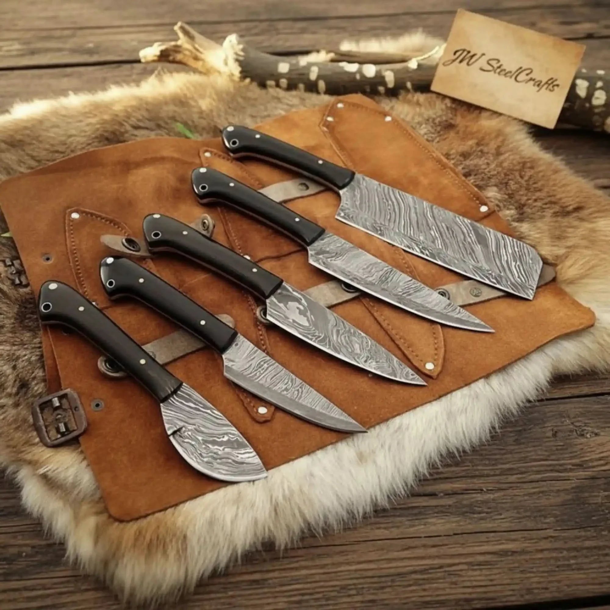 5-Piece Damascus Kitchen Knife Set — Chef, Cleaver, Santoku, Utility & Paring with Dark Rosewood Handles & Leather Roll