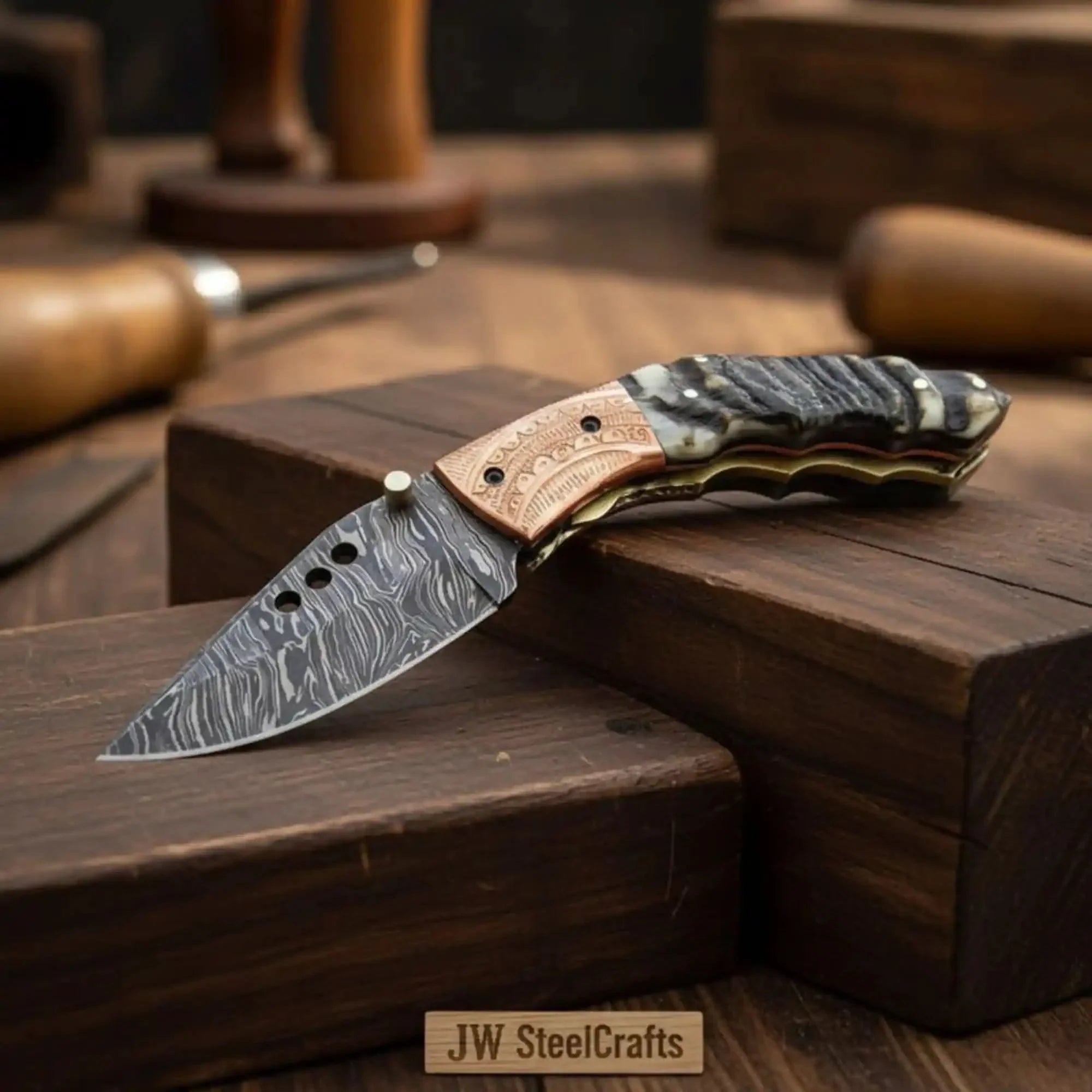 Handmade Damascus Steel Folding Knife with Engraved Metal Handle – Premium EDC Pocket Knife