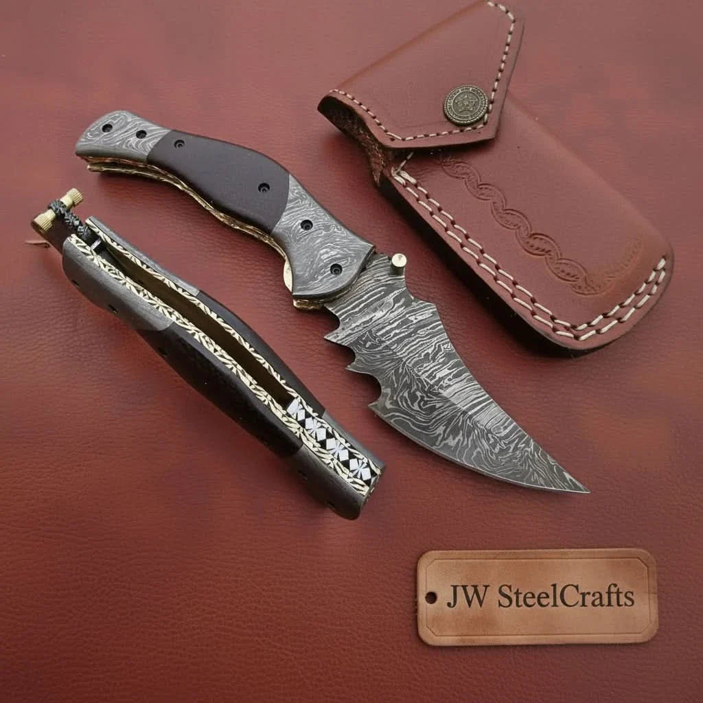Outback Tracker Damascus Folding Knife with Jimped Spine