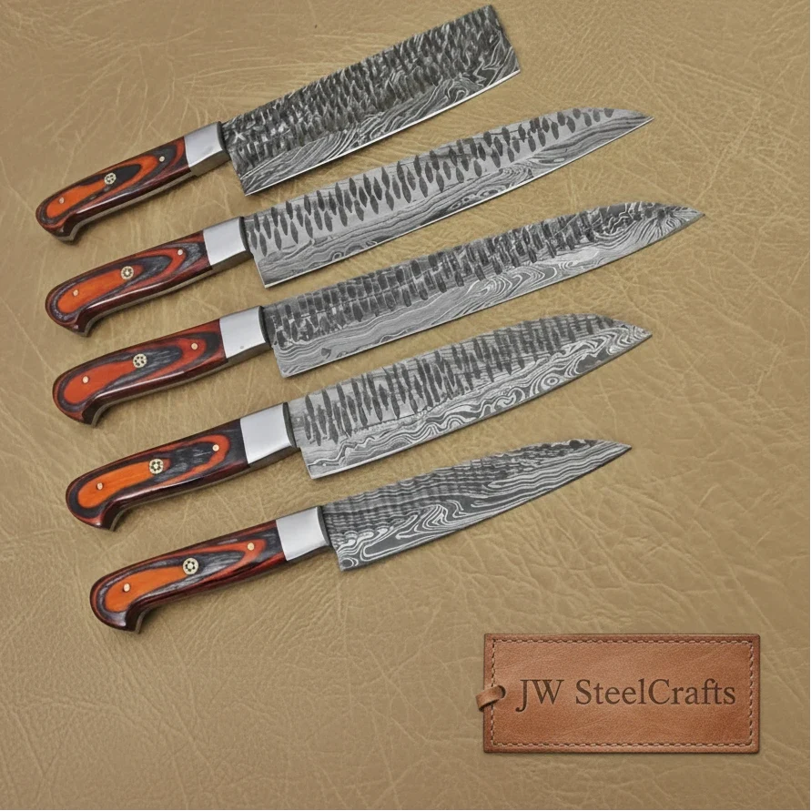 5-Piece Damascus Knife Set Orange Black Pakka Wood Handles with Hammered Tsuchime Blades
