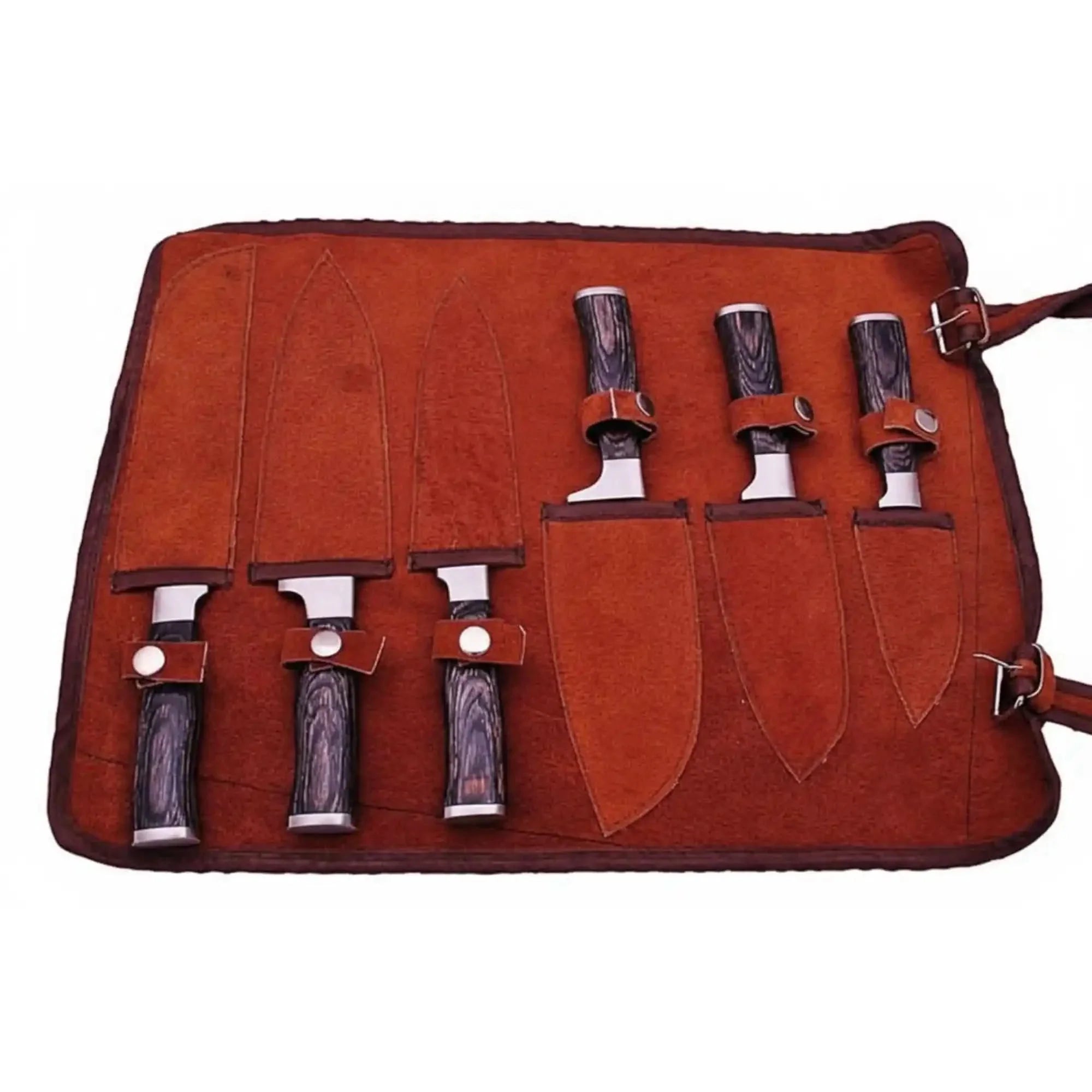 6-Piece Ladder Pattern Damascus Knife Set with Black Wood Handles and Steel Bolsters