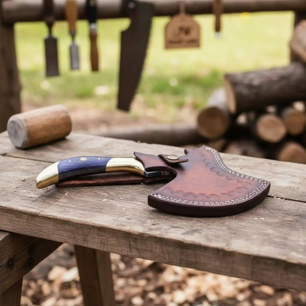 Hand Forged Damascus Pizza Slicer Axe with Raindrop Forged Blade