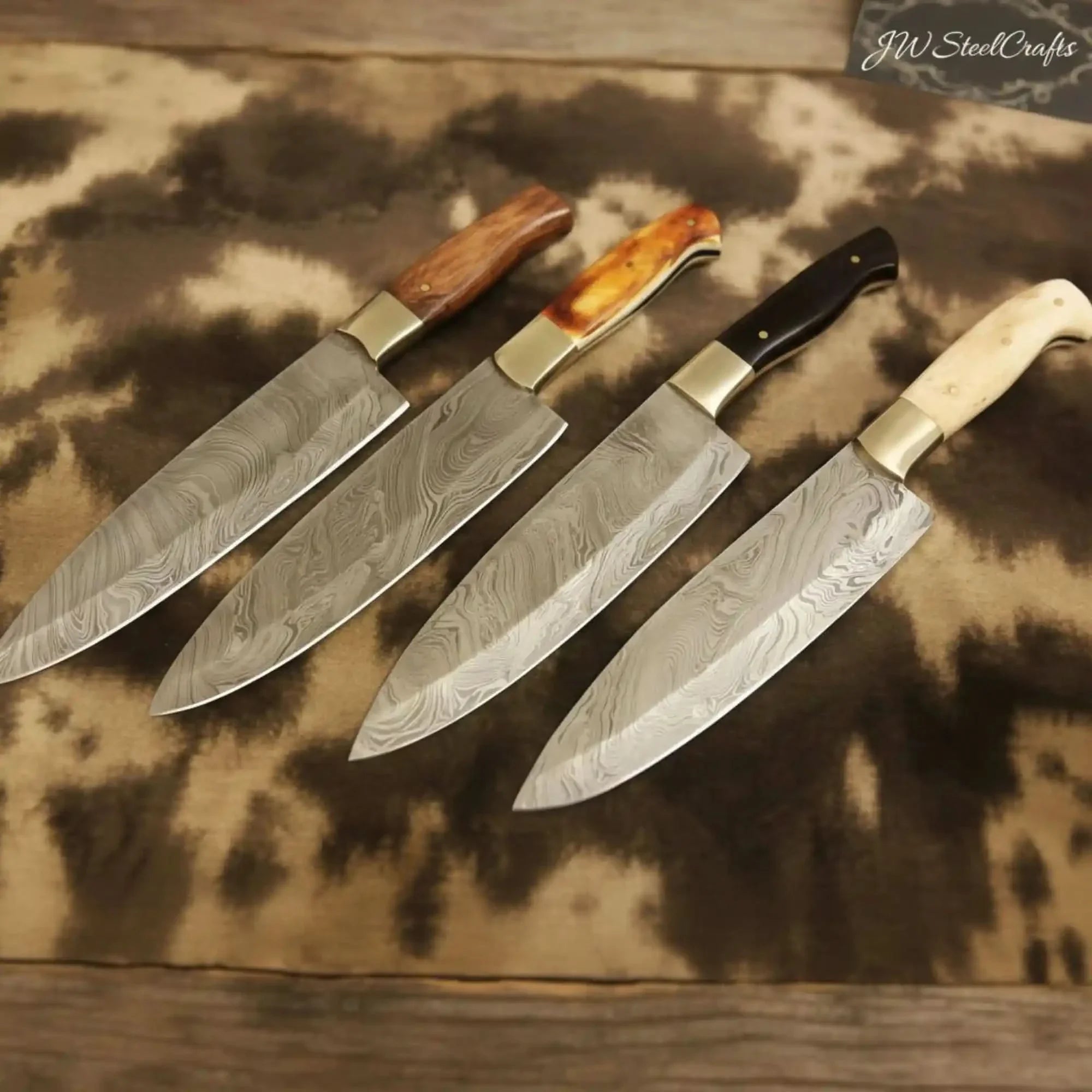 Handmade Damascus Chef Knife Set with Mixed Handles and Brass Bolsters