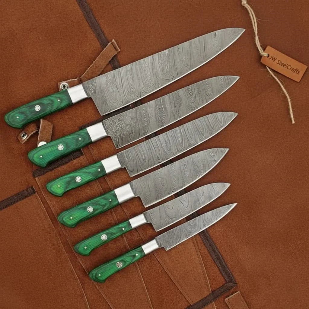 6-piece handmade Damascus chef knife set with green pakkawood handles