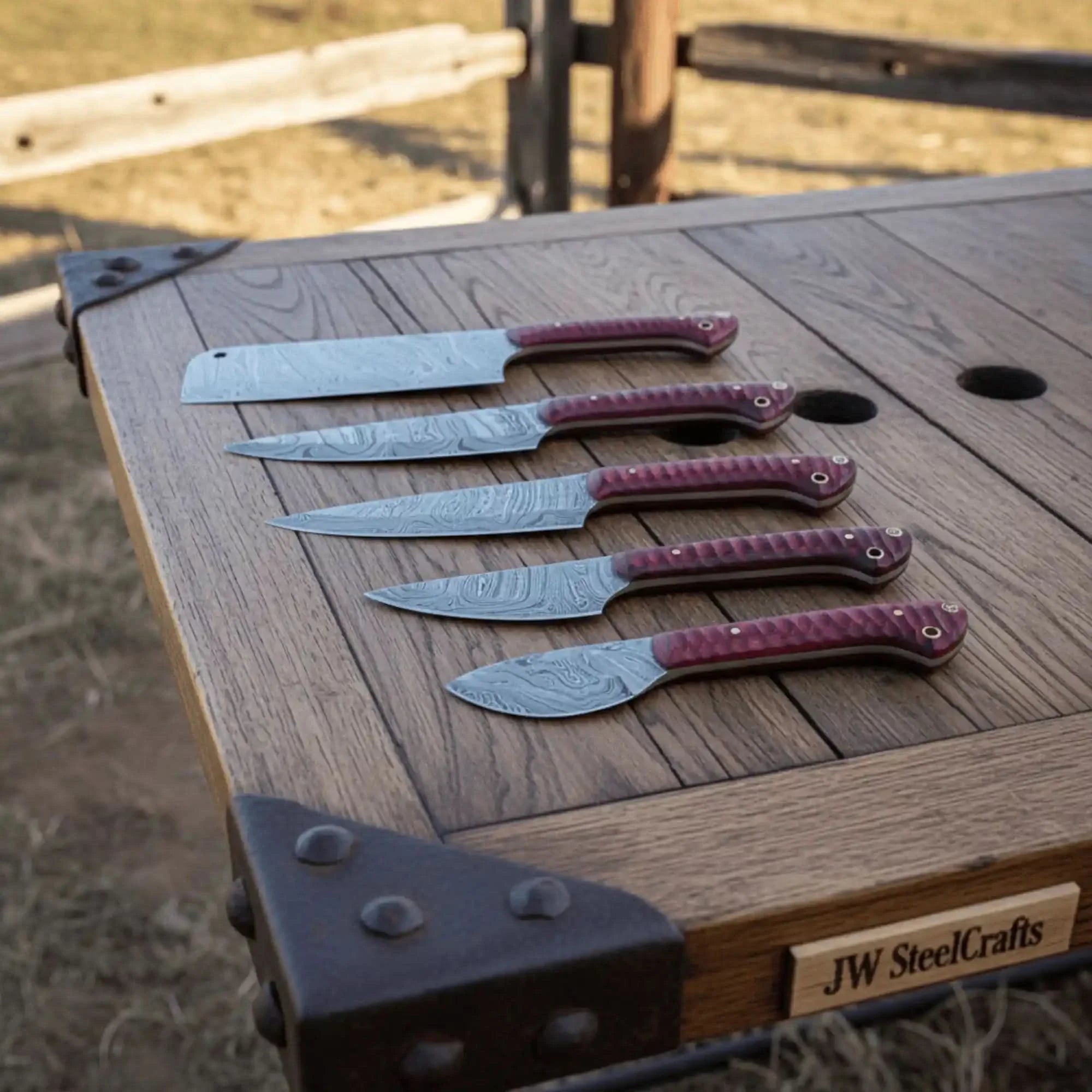 6-Piece Damascus Knife Set with Red Wood Handles and Brass Pins