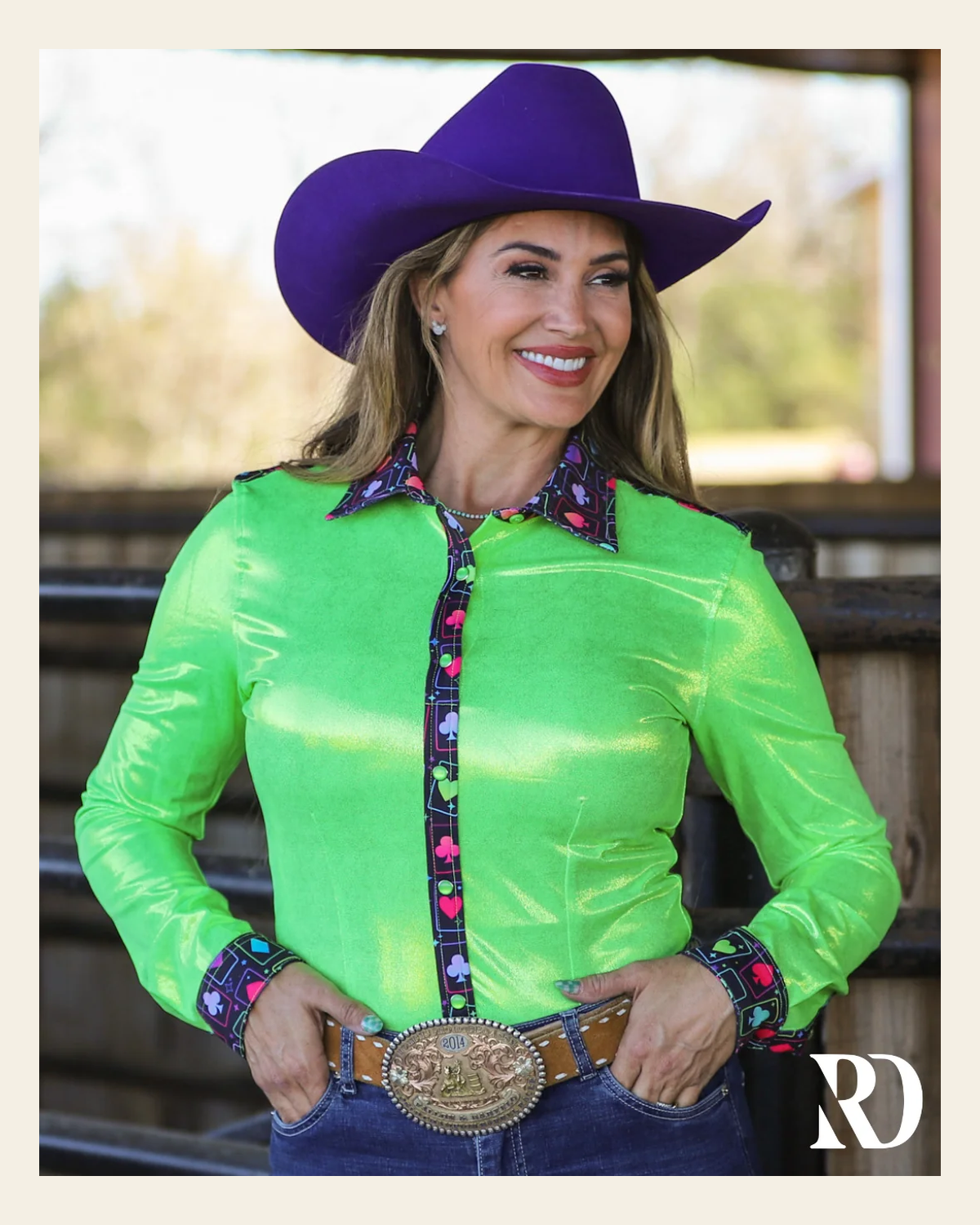 High Roller & Lime Sparkle Performance Rodeo Shirt on a warm cream background